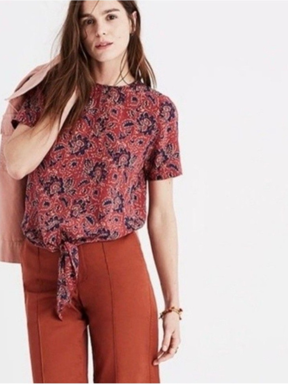 Madewell Floral Silk Assam Front Tie Top Size XS EUC